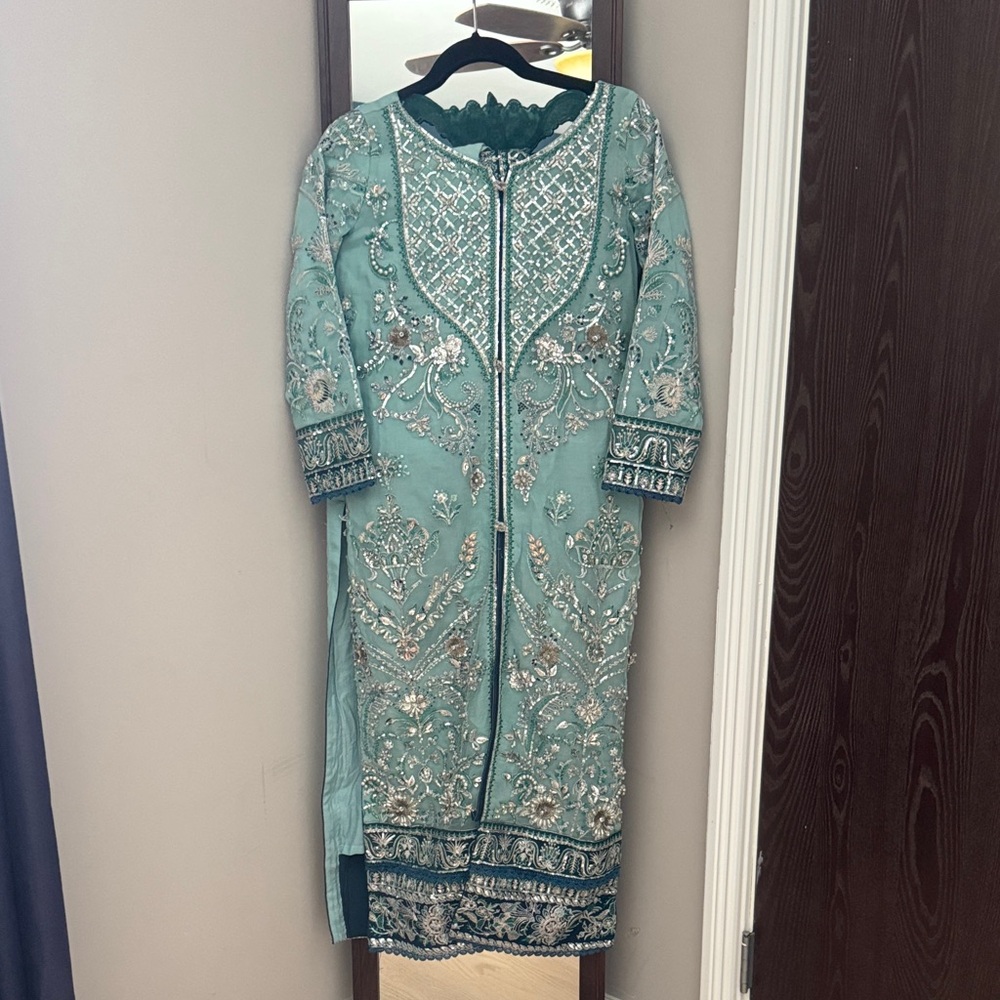 Gulaal Pakistani Designer Elegant Embroidered Teal Dress